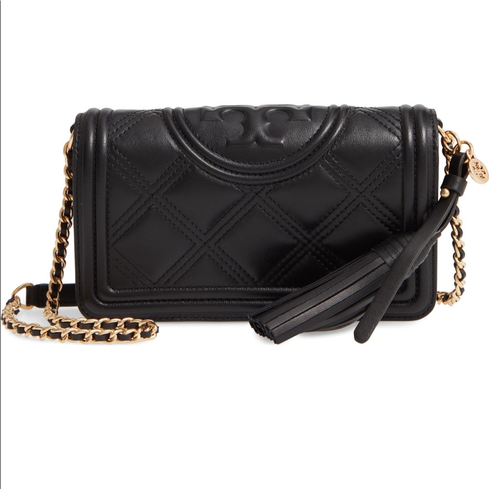 NWT Black Fleming Quilted Leather Wallet on Chain